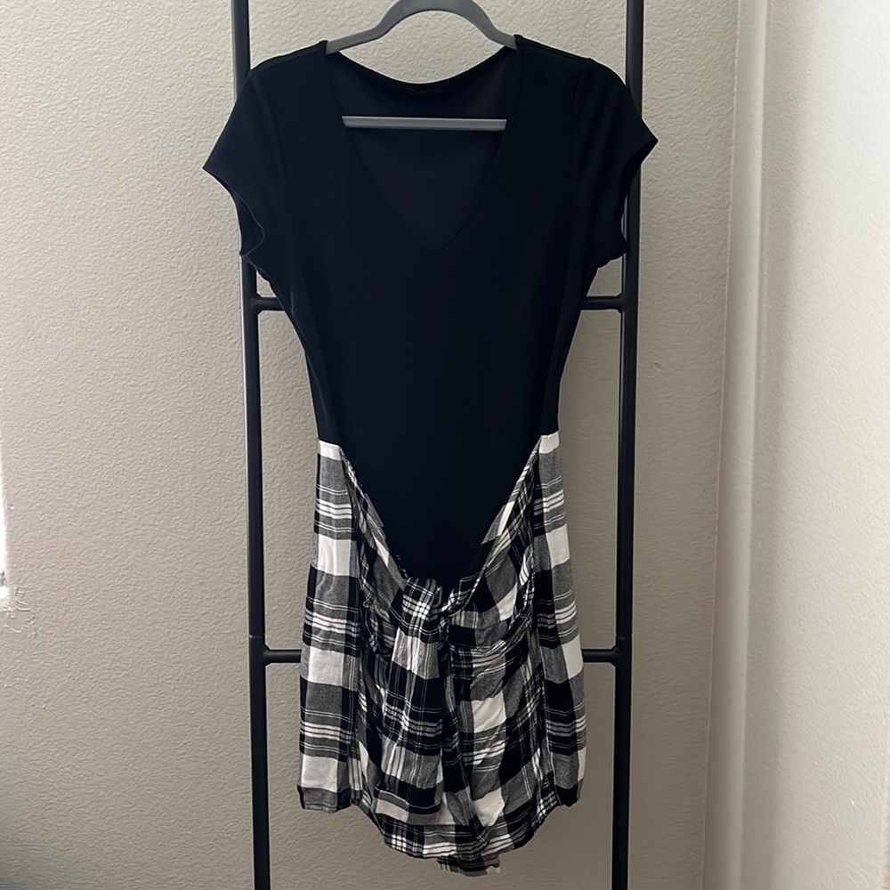 Material Girl black bodycon dress with sewn on flannel with pockets